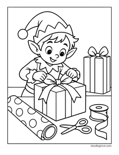 An elf tying a bow on a gift box, with a roll of wrapping paper, a ribbon spool and scissors