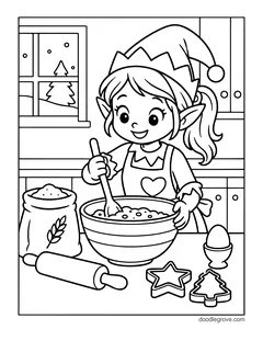 A girl elf in an apron stirring dough in a big bowl, with a flour sack, a rolling pin, an egg and cookie cutters