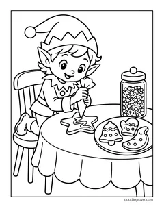 An elf piping icing onto a star cookie at a round table, with a plate of cookies and a jar of sprinkles