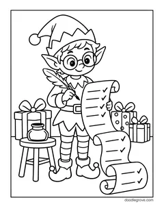 An elf in round glasses writing on a long scroll with a quill, with an ink pot on a stool and wrapped gifts