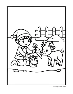 An elf kneeling in the snow and feeding a carrot to a baby reindeer, with a bucket of carrots and a fence