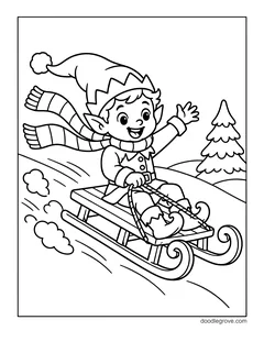 An elf in a long scarf sliding down a hill on a sled and waving, with a pine tree