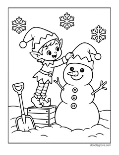 An elf standing on a crate and putting a hat on a snowman, with a shovel and snowflakes