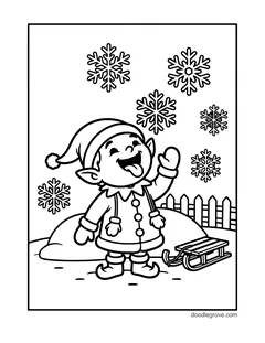 A laughing elf catching snowflakes on his tongue, with a sled, a fence and big snowflakes