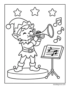 An elf playing a trumpet on a round stage next to a music stand, with notes and stars