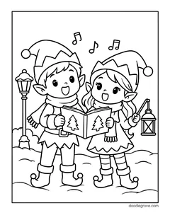 Two elves singing from a songbook, one holding a lantern, with a street lamp and music notes