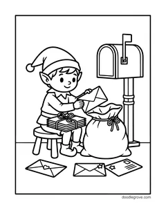 An elf on a stool sorting letters next to a mailbox, with a bundle of envelopes, a sack and letters on the floor