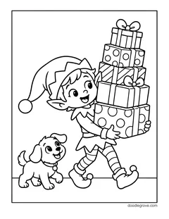 An elf carrying a tall stack of wrapped gifts as a puppy follows him