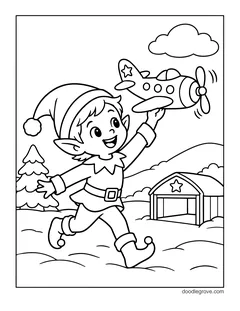 An elf running through the snow and flying a toy airplane, with a barn, pine trees and a cloud