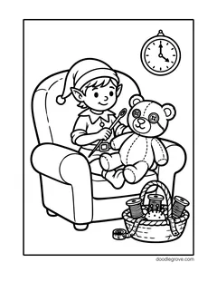 An elf in an armchair sewing a button eye onto a teddy bear, with a sewing basket and a wall clock