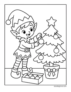 An elf hanging ornaments on a small Christmas tree in a pot with a bow, with a box of ornaments