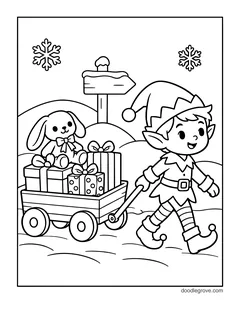 An elf pulling a wagon full of gifts and a toy bunny past a signpost, with snowflakes