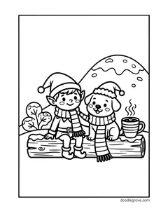 An elf and a puppy in matching hats and scarves sitting on a log, with a mug of cocoa and snowy hills