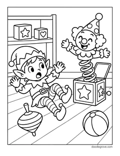An elf jumping back in surprise as a clown pops out of a jack-in-the-box, with a spinning top, a ball and toy blocks