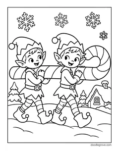 Two elves carrying a giant striped candy cane through the snow, with a cottage, pine trees and snowflakes