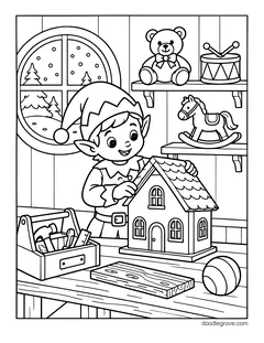An elf putting the roof on a wooden dollhouse at a workbench, with a toolbox and toys on the shelves