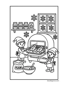 Two elves taking a tray of gingerbread men out of an oven, with jars of sugar, spices and ginger, a flour sack and a mixing bowl