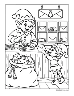 An elf stamping letters at a counter as a small elf hands him an envelope, with a full mail sack and shelves of letters