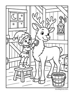 An elf standing on a stool and brushing a tall reindeer in a stable, with a lantern, a bucket and a window with a moon