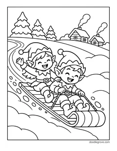 Two laughing elves sliding down a snowy hill on a sled, with pine trees and a village
