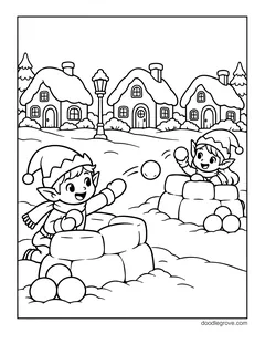 Two elves throwing snowballs from behind snow forts, with snowy cottages and a street lamp