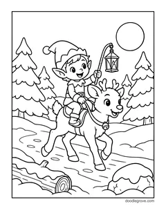 An elf holding a lantern and riding a young reindeer through a snowy forest under a full moon