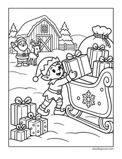 An elf lifting a gift into a sleigh full of presents as Santa and a reindeer wave from a snowy barn