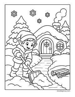 An elf in a winter coat shoveling snow off the path to a snowy cottage, with a sled and snowflakes