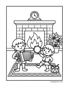Two elves playing an accordion and a tambourine by a fireplace, with a drum, a poinsettia and a clock