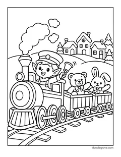 An elf driving a toy train with a teddy bear and a bunny in the wagons, with a village behind