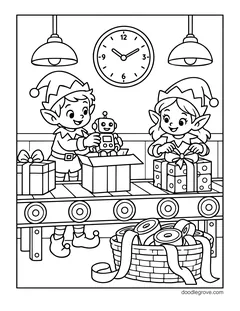 Two elves packing a toy robot and tying a bow on gifts at a workshop conveyor belt, with a clock, lamps and a basket of ribbon