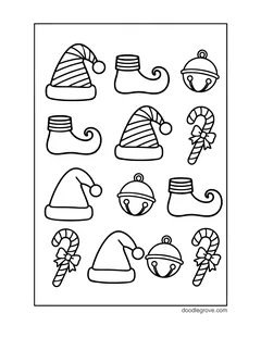 Rows of elf hats, curly elf shoes, jingle bells and candy canes
