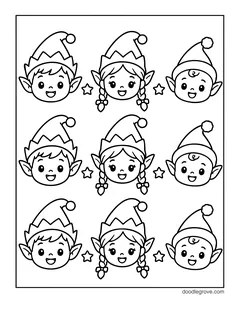 Nine smiling elf faces in three rows, with small stars