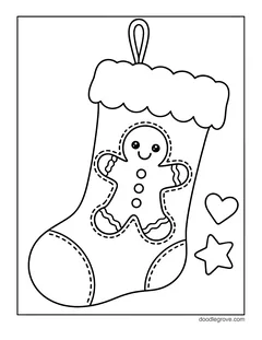 A Christmas stocking with a gingerbread man patch and a fluffy cuff, with a heart and a star
