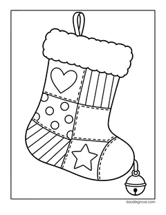 A patchwork stocking with a heart, stripes, dots and a star in its squares and a jingle bell at the toe