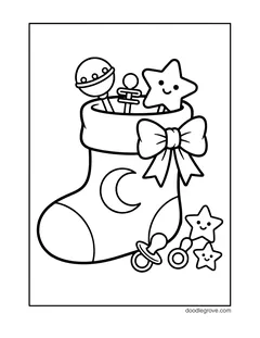 A small stocking with a moon and a big bow, holding a rattle and a star toy, with a pacifier and little stars