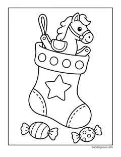 A stocking with a star and a dotted cuff holding a toy rocking horse, with two wrapped candies