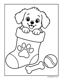 A puppy peeking out of a stocking with a paw print on it, with a bone and a ball