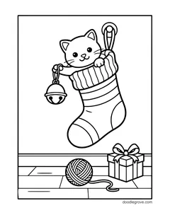 A kitten peeking out of a striped stocking and batting a jingle bell, with a ball of yarn and a gift on the floor