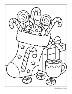 A stocking overflowing with candy canes and lollipops, with a gift box, a mug of cocoa with marshmallows and peppermints