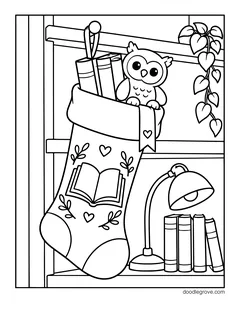 A stocking with an open book on it, holding books and a toy owl, hanging from a bookshelf with a desk lamp and a hanging plant