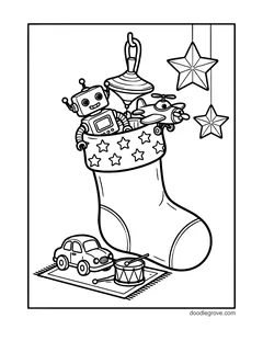A stocking with stars on its cuff filled with a robot, a spinning top and a toy airplane, with a toy car and a drum on a rug and hanging stars