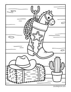 A stocking shaped like a cowboy boot with a star, a toy horse and a lasso, with a cowboy hat on a hay bale and a cactus