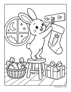 A bunny standing on a stool to hang a stocking with a carrot on it, with a round window, a basket of carrots and a gift