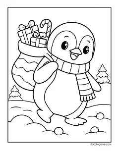 A penguin in a striped scarf carrying a stocking full of presents over its shoulder, with snowy hills and pine trees