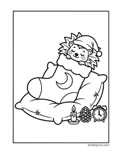 A hedgehog in a Santa hat sleeping inside a stocking with a moon on it, on a pillow, with a candle, a pine cone and an alarm clock