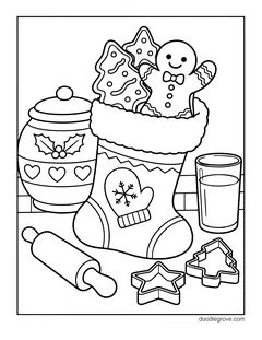 A stocking with a mitten patch full of gingerbread cookies, with a cookie jar, a glass of milk, a rolling pin and cookie cutters