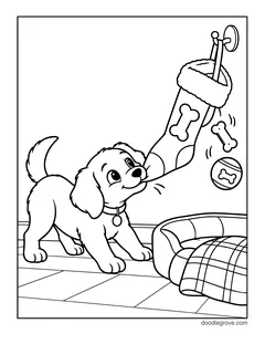 A puppy pulling on a stocking with bones on it as treats fall out, with a dog bed and a plaid blanket