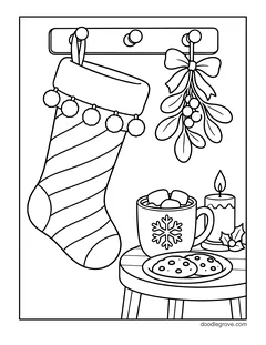 A striped stocking with a pom-pom trim on a peg rack beside mistletoe, with a mug of cocoa, cookies and a candle on a table
