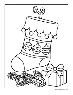 A stocking with a row of ornaments and a pom-pom cuff on a curly hook, with a pine branch, a pine cone and a gift